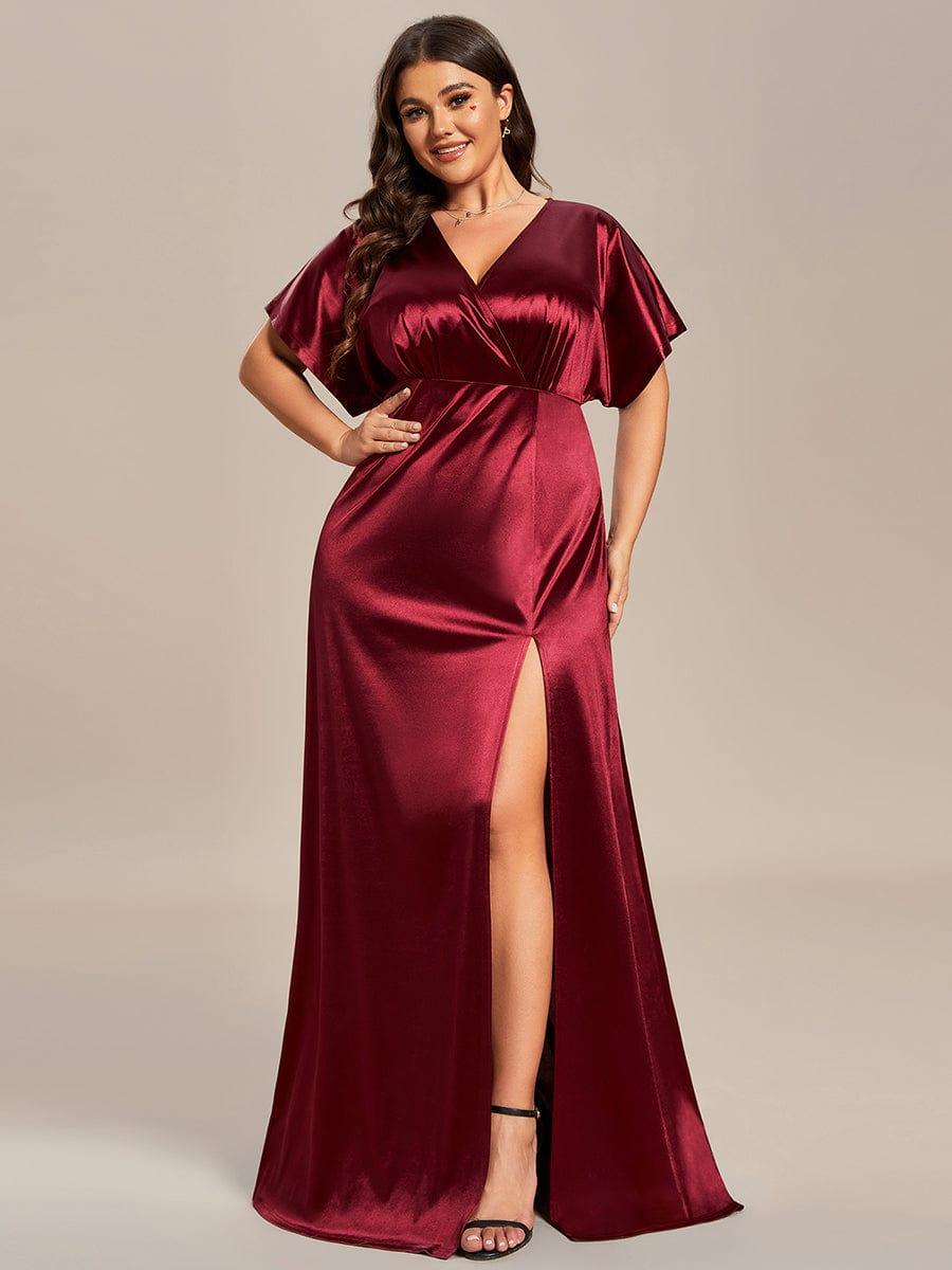 Plus Size High Front Slit Bat-Wing Sleeve Satin Evening Dress #color_Navy Blue Plus Size High Front Slit Bat-Wing Sleeve Satin Evening Dress