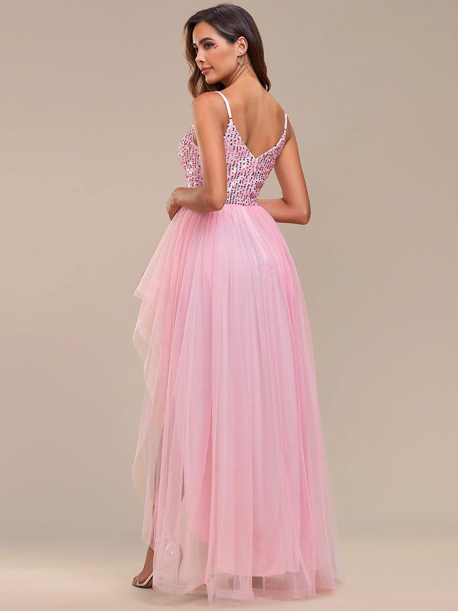 Spaghetti Strap Sequin Top A-Line High Low Tulle Evening Dress #color_Dusty Blue Spaghetti Strap Sequin Top A-Line High Low Tulle Evening Dress
