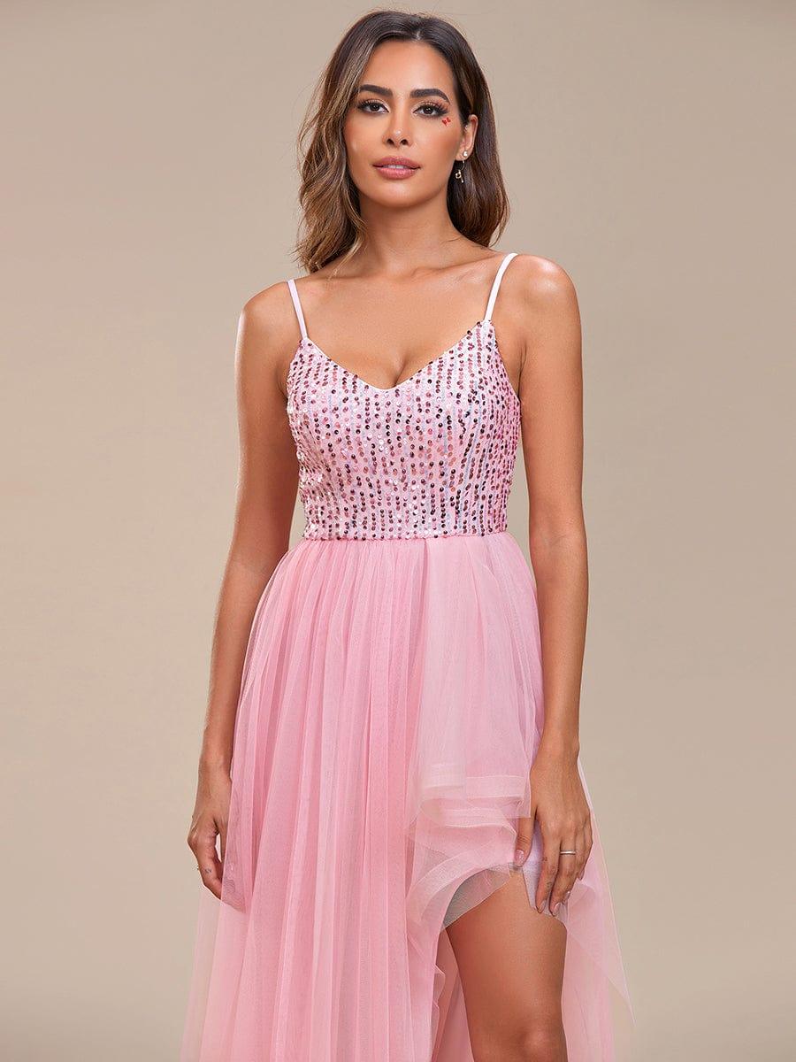 Spaghetti Strap Sequin Top A-Line High Low Tulle Evening Dress #color_Dusty Blue Spaghetti Strap Sequin Top A-Line High Low Tulle Evening Dress
