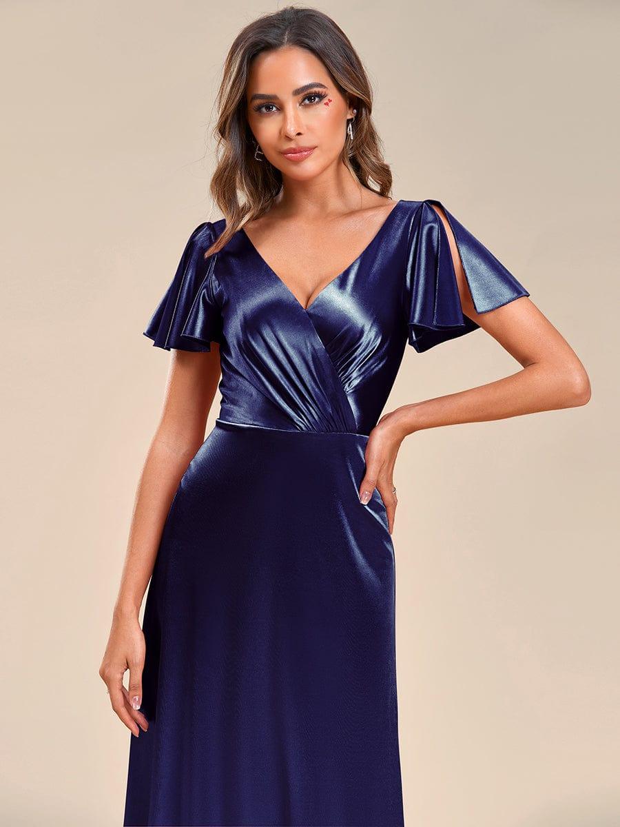 Ruffles Sleeve A-Line Pleated Satin Back V-Neck Evening Dress