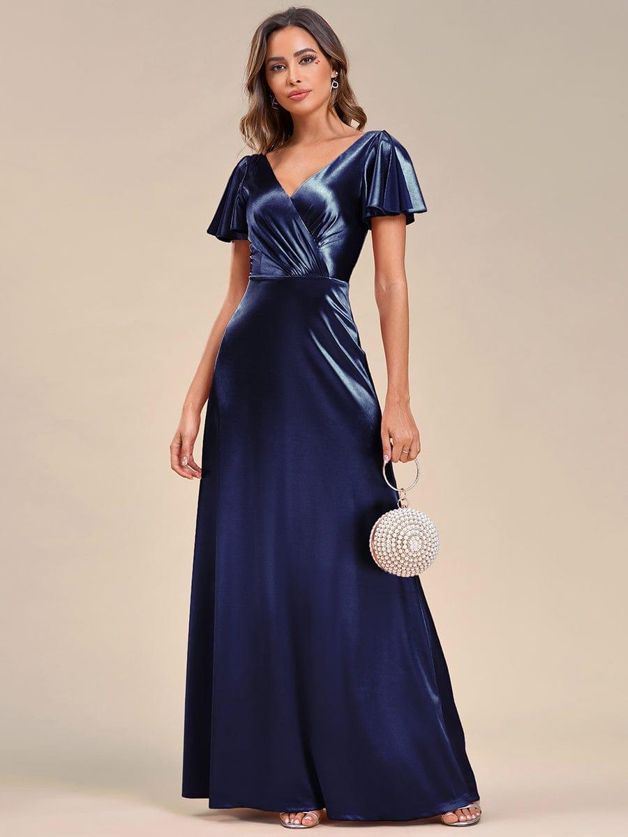 Ruffles Sleeve A-Line Pleated Satin Back V-Neck Evening Dress #color_Navy Blue Ruffles Sleeve A-Line Pleated Satin Back V-Neck Evening Dress
