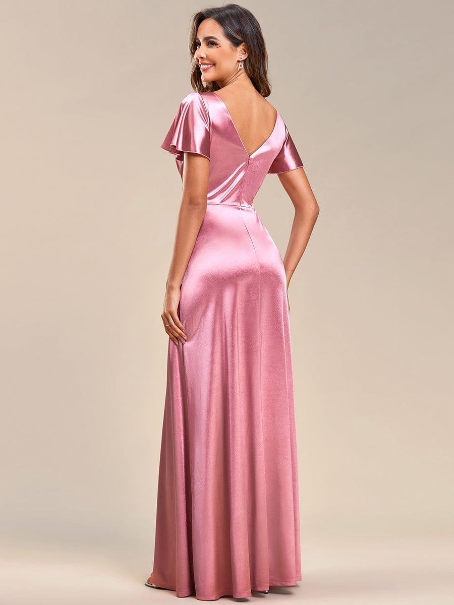 Ruffles Sleeve A-Line Pleated Satin Back V-Neck Evening Dress #color_Navy Blue Ruffles Sleeve A-Line Pleated Satin Back V-Neck Evening Dress