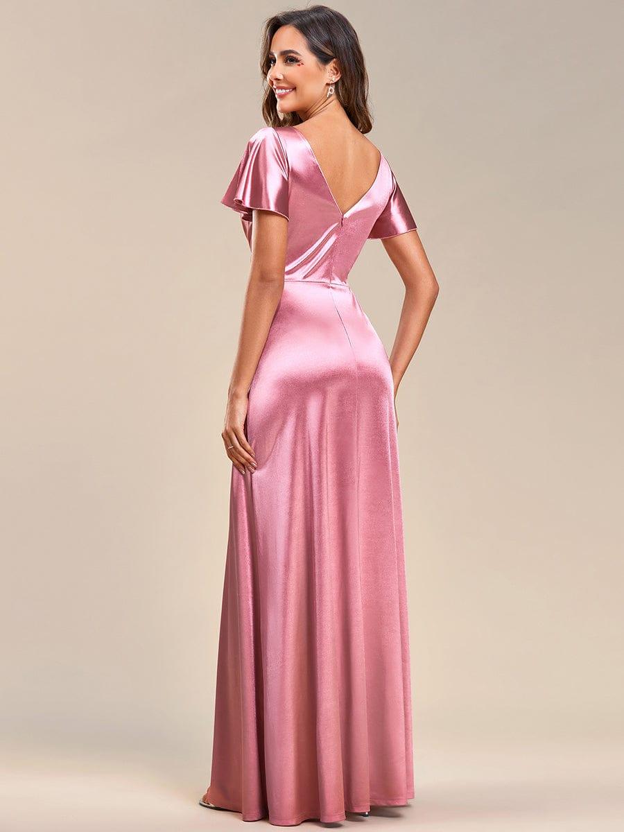 Ruffles Sleeve A-Line Pleated Satin Back V-Neck Evening Dress