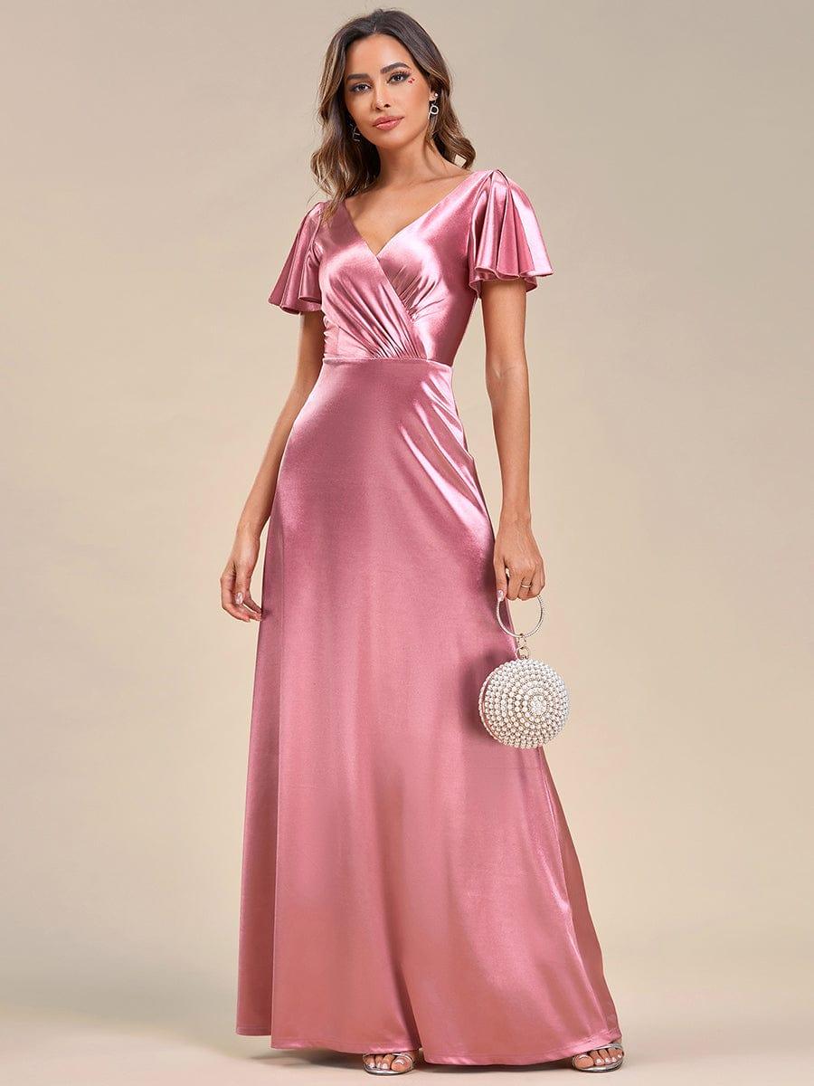 Ruffles Sleeve A-Line Pleated Satin Back V-Neck Evening Dress #color_Navy Blue Ruffles Sleeve A-Line Pleated Satin Back V-Neck Evening Dress