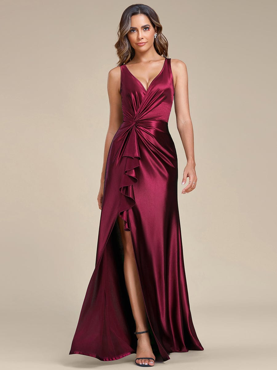 Deep V-Neck Stylish Waist Pleated High Slit Satin Evening Dress #color_Burgundy
