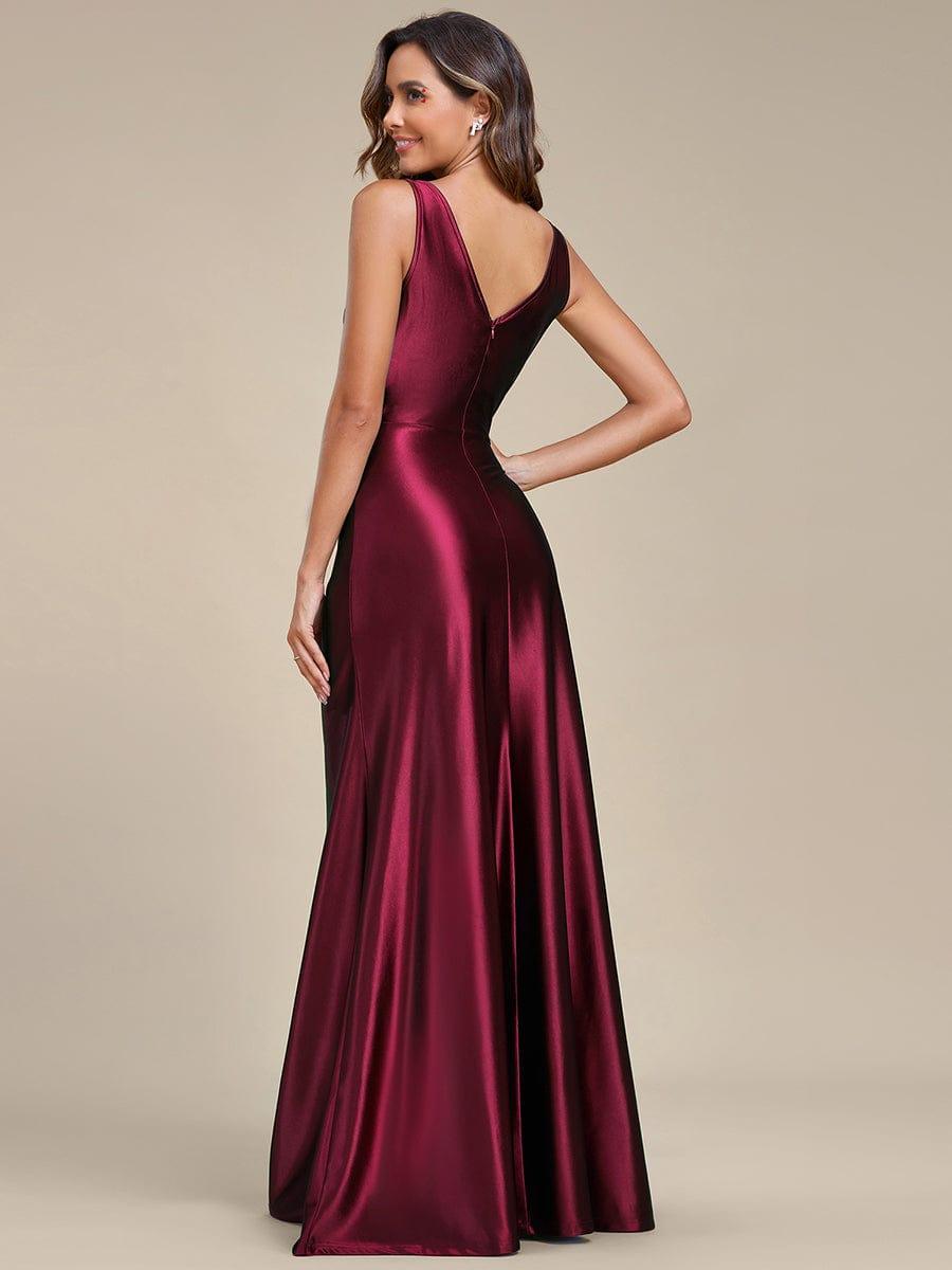 Deep V-Neck Stylish Waist Pleated High Slit Satin Evening Dress #color_Burgundy Deep V-Neck Stylish Waist Pleated High Slit Satin Evening Dress