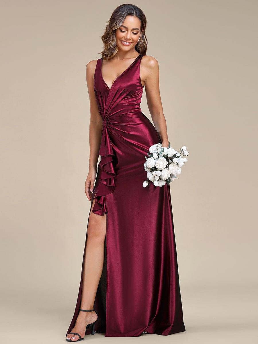 Deep V-Neck Stylish Waist Pleated High Slit Satin Evening Dress #color_Burgundy Deep V-Neck Stylish Waist Pleated High Slit Satin Evening Dress