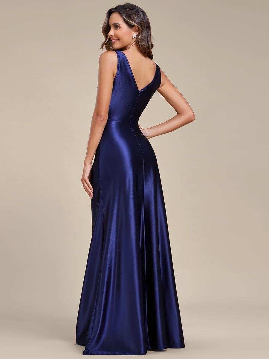 Deep V-Neck Stylish Waist Pleated High Slit Satin Evening Dress #color_Burgundy Deep V-Neck Stylish Waist Pleated High Slit Satin Evening Dress