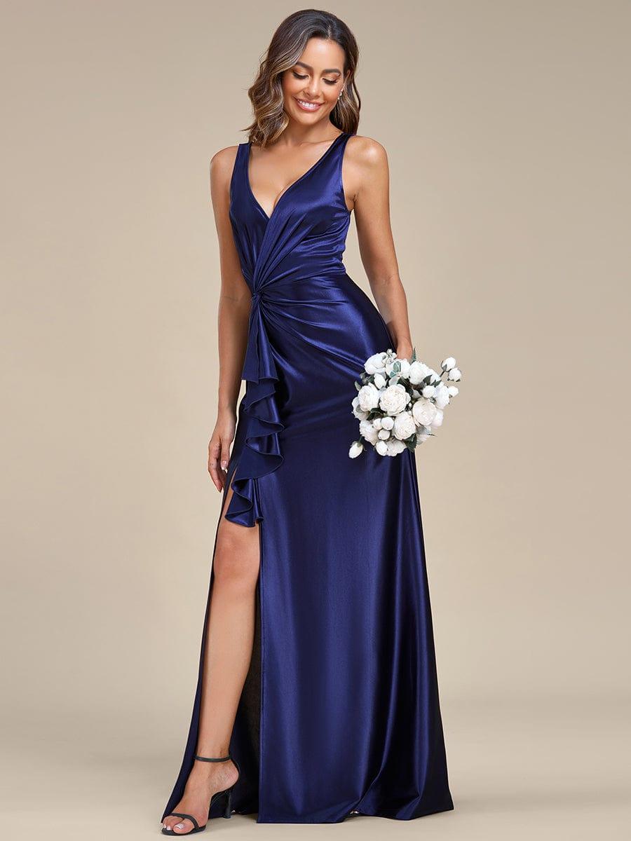 Deep V-Neck Stylish Waist Pleated High Slit Satin Evening Dress #color_Burgundy Deep V-Neck Stylish Waist Pleated High Slit Satin Evening Dress