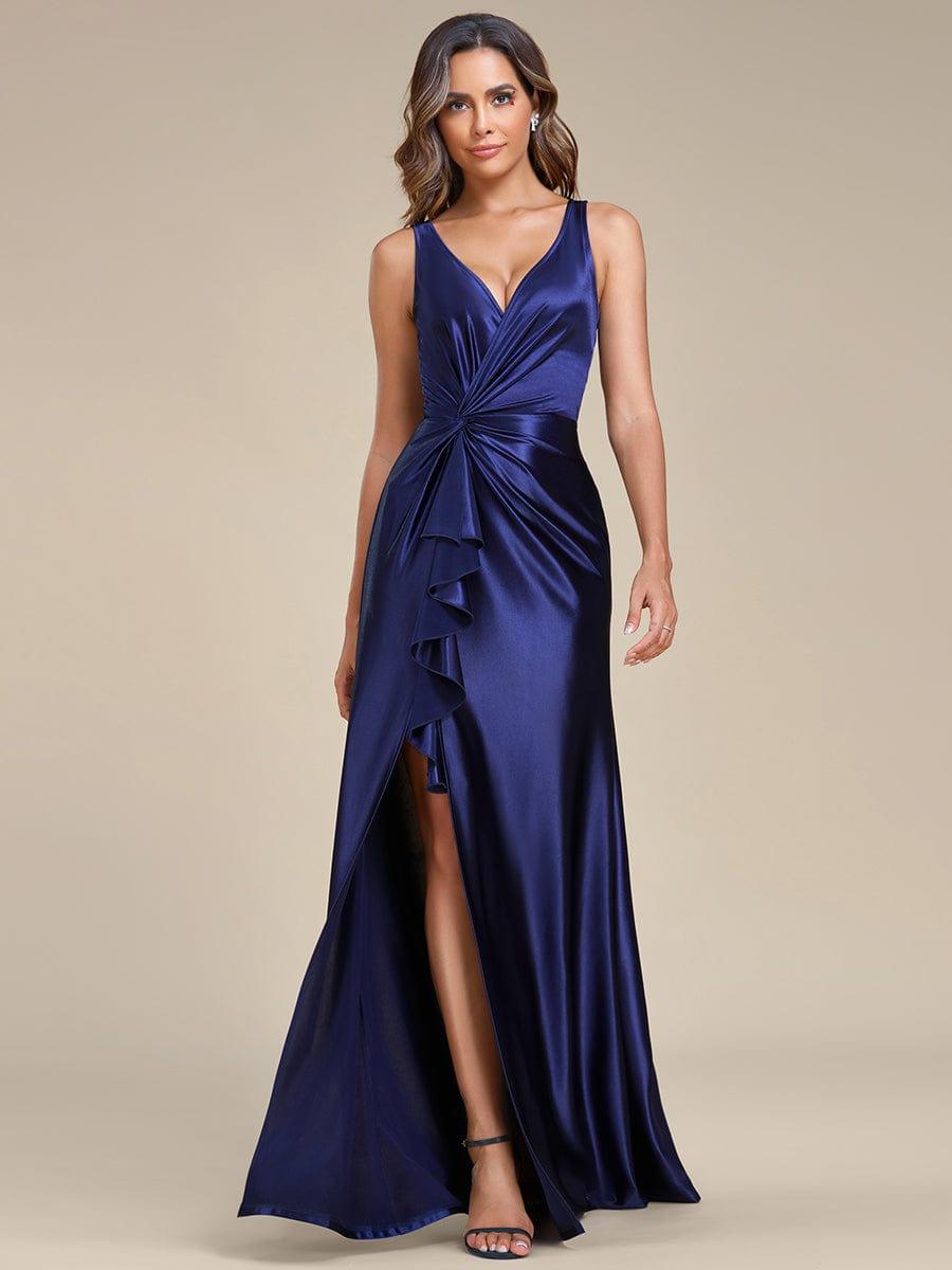 Deep V-Neck Stylish Waist Pleated High Slit Satin Evening Dress #color_Burgundy Deep V-Neck Stylish Waist Pleated High Slit Satin Evening Dress