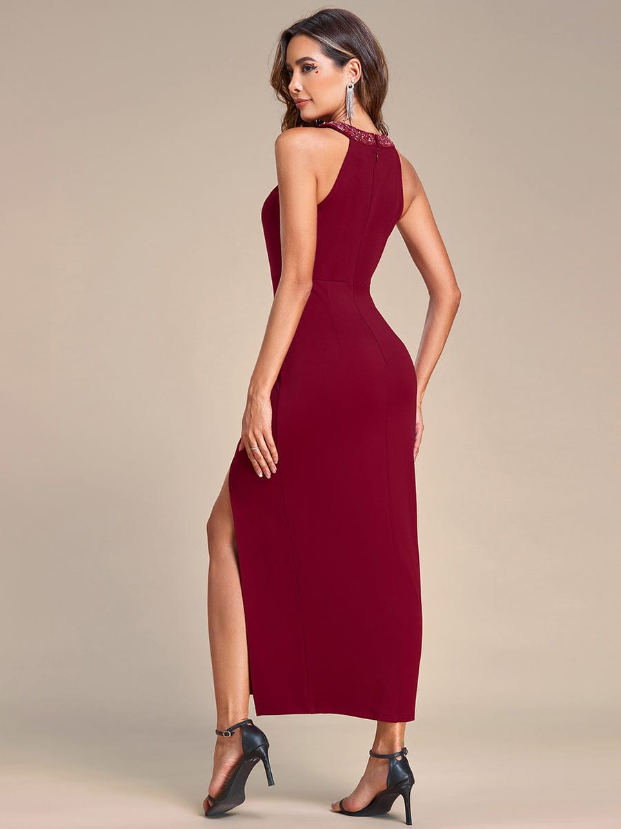 Halter Neck Pleated Sequin Sleeveless Evening Dress #color_Burgundy Halter Neck Pleated Sequin Sleeveless Evening Dress