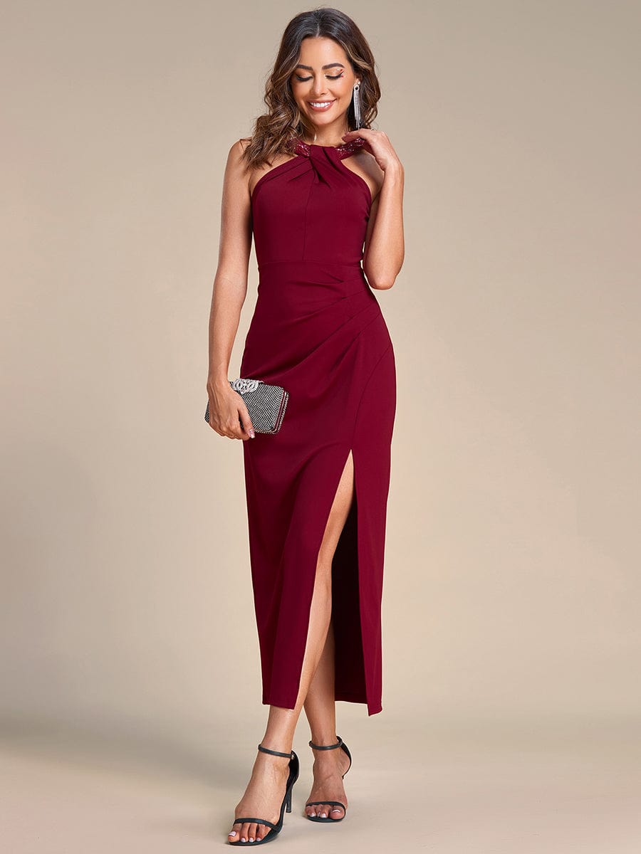 Halter Neck Pleated Sequin Sleeveless Evening Dress #color_Burgundy Halter Neck Pleated Sequin Sleeveless Evening Dress