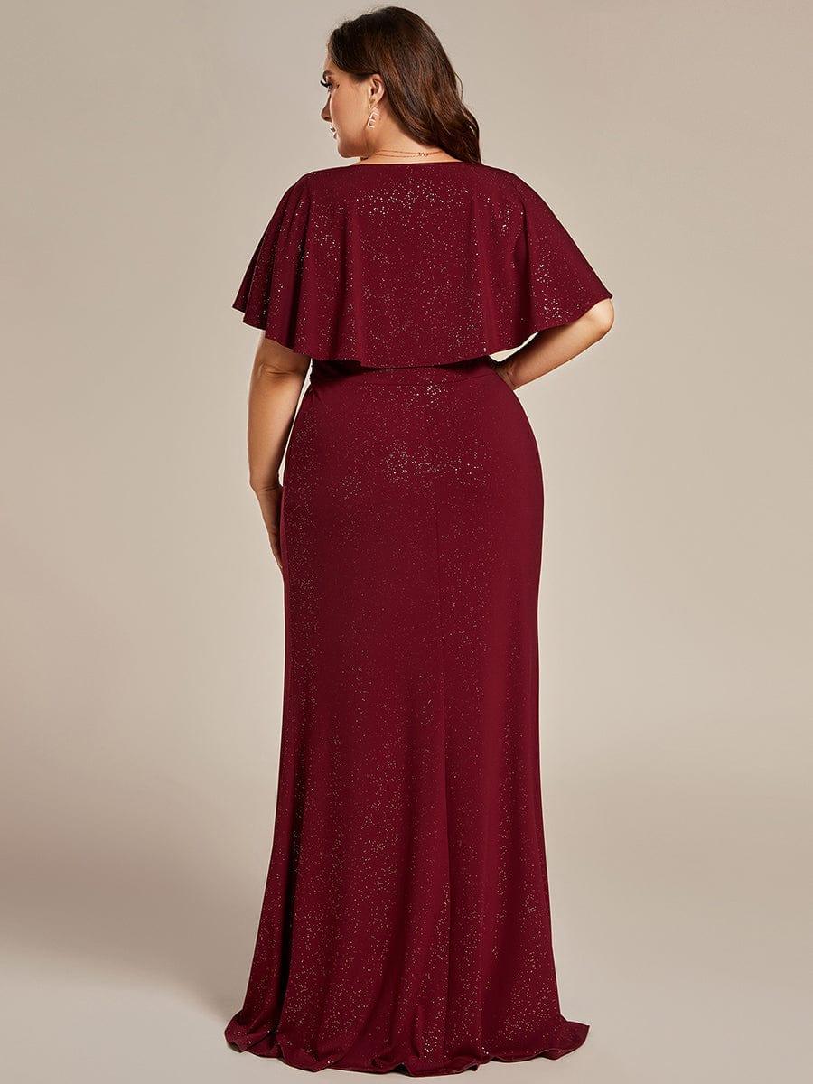 Plus Size Glitter Bat-Wing Sleeve Waist-Cinching Mermaid Evening Dress #color_Burgundy Plus Size Glitter Bat-Wing Sleeve Waist-Cinching Mermaid Evening Dress