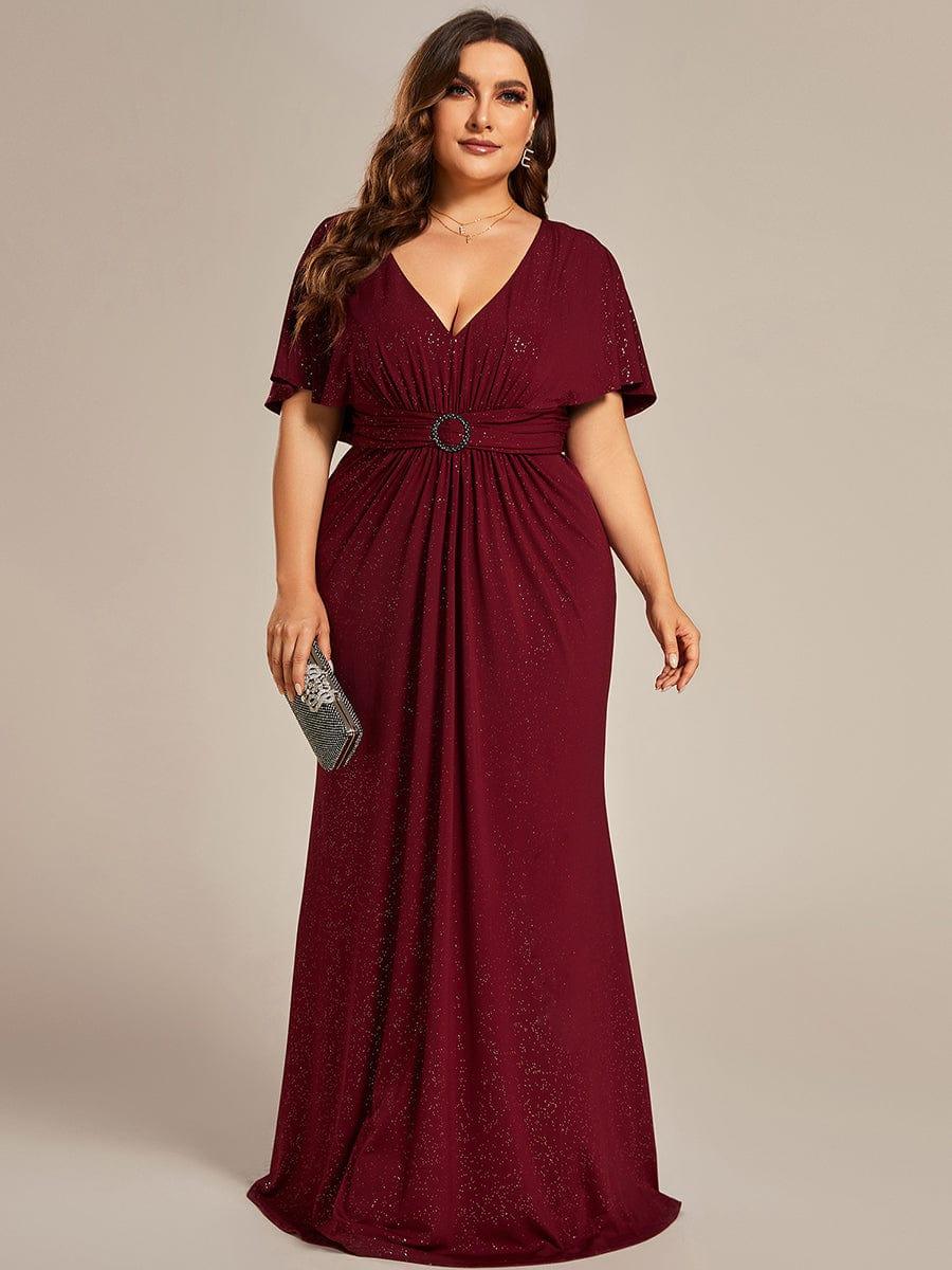 Plus Size Glitter Bat-Wing Sleeve Waist-Cinching Mermaid Evening Dress #color_Burgundy Plus Size Glitter Bat-Wing Sleeve Waist-Cinching Mermaid Evening Dress