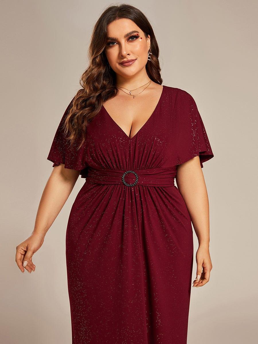 Plus Size Glitter Bat-Wing Sleeve Waist-Cinching Mermaid Evening Dress #color_Burgundy Plus Size Glitter Bat-Wing Sleeve Waist-Cinching Mermaid Evening Dress