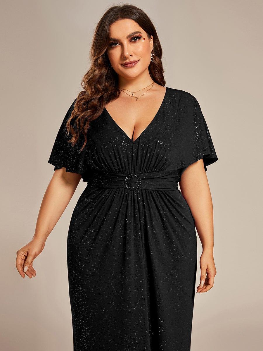 Plus Size Glitter Bat-Wing Sleeve Waist-Cinching Mermaid Evening Dress #color_Burgundy Plus Size Glitter Bat-Wing Sleeve Waist-Cinching Mermaid Evening Dress