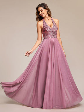 Sequin Halter Neck Top A-Line Backless Evening Dress with Tulle