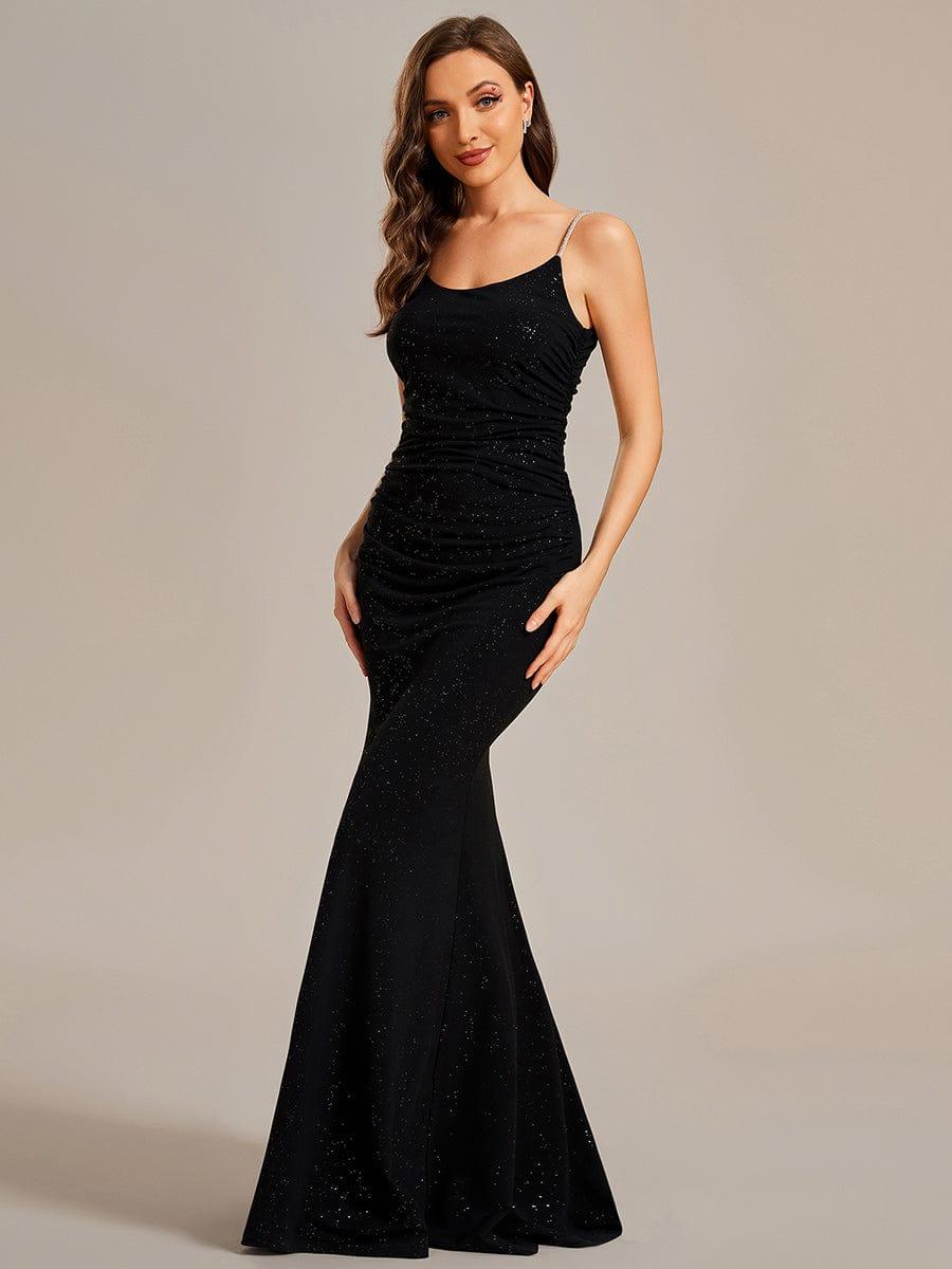 Glitter Spaghetti Strap U-Veck Open Back Bodycon Stretchy Evening Dress #color_Black Glitter Spaghetti Strap U-Veck Open Back Bodycon Stretchy Evening Dress