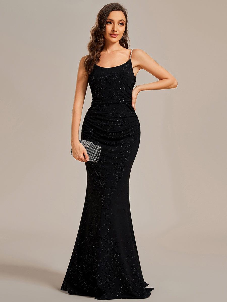 Glitter Spaghetti Strap U-Veck Open Back Bodycon Stretchy Evening Dress #color_Black Glitter Spaghetti Strap U-Veck Open Back Bodycon Stretchy Evening Dress