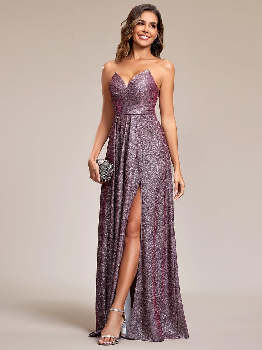 Shimmering Strapless A-Line Pleated Back-Laced High Slit Evening Dress