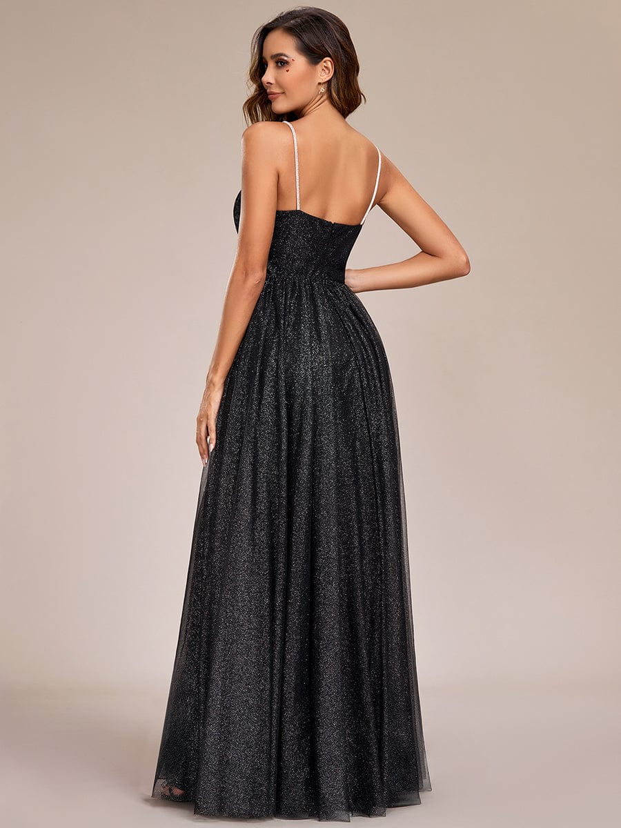 Glittering Sleeveless Spaghetti Straps V-Neck Open Back Evening Dress #color_Black Glittering Sleeveless Spaghetti Straps V-Neck Open Back Evening Dress