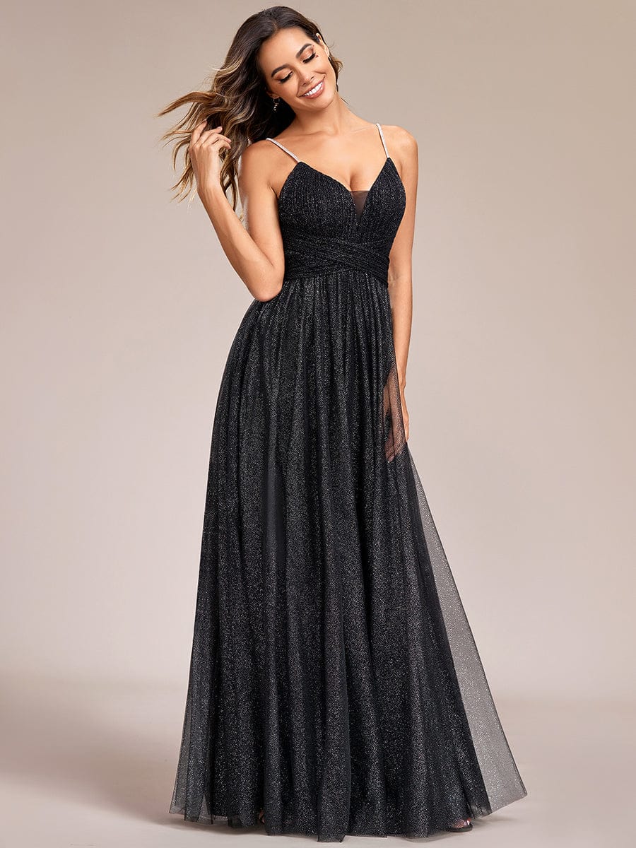 Glittering Sleeveless Spaghetti Straps V-Neck Open Back Evening Dress #color_Black Glittering Sleeveless Spaghetti Straps V-Neck Open Back Evening Dress