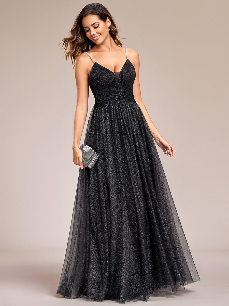 Glittering Sleeveless Spaghetti Straps V-Neck Open Back Evening Dress #color_Black Glittering Sleeveless Spaghetti Straps V-Neck Open Back Evening Dress