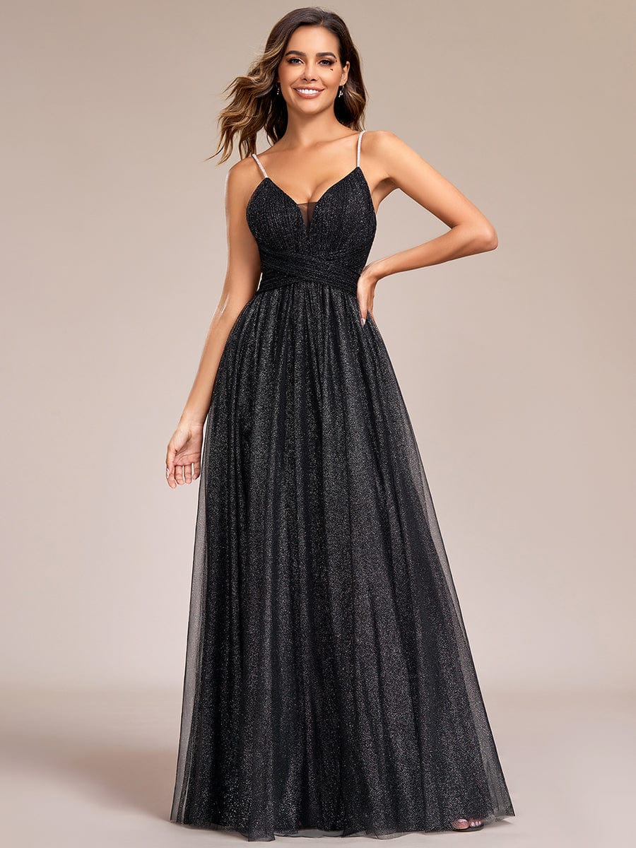 Glittering Sleeveless Spaghetti Straps V-Neck Open Back Evening Dress #color_Black Glittering Sleeveless Spaghetti Straps V-Neck Open Back Evening Dress