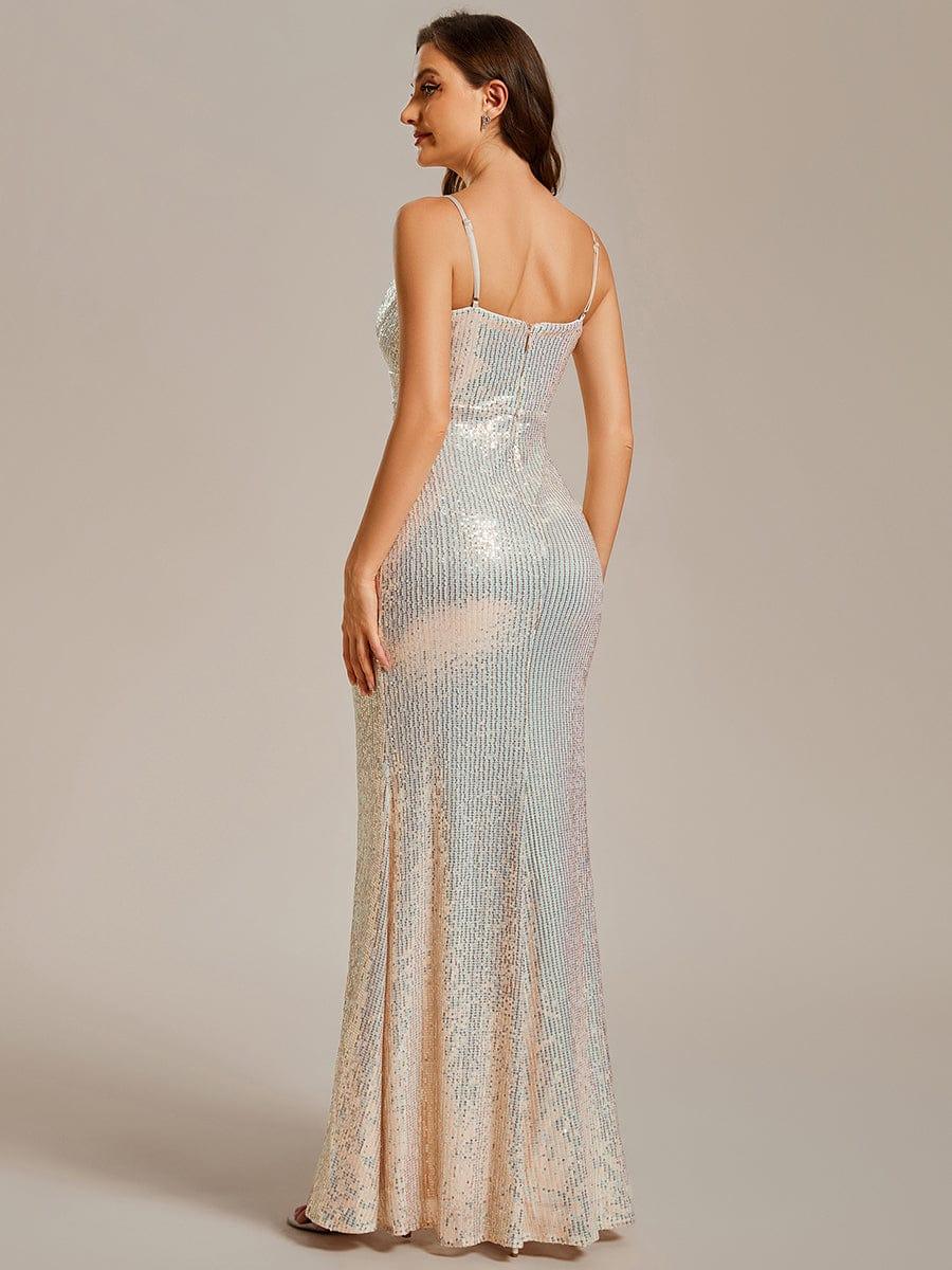 Deep V-Neck Pleated Adjustable Spaghetti Strap Sequin Evening Dress #color_Champagne Deep V-Neck Pleated Adjustable Spaghetti Strap Sequin Evening Dress