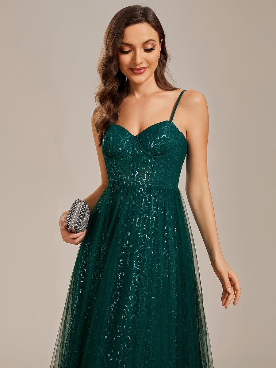 Spaghetti Straps Illusion Sleeveless A-Line Sequin Evening Dress with Tulle Cover #color_Dark Green Spaghetti Straps Illusion Sleeveless A-Line Sequin Evening Dress with Tulle Cover