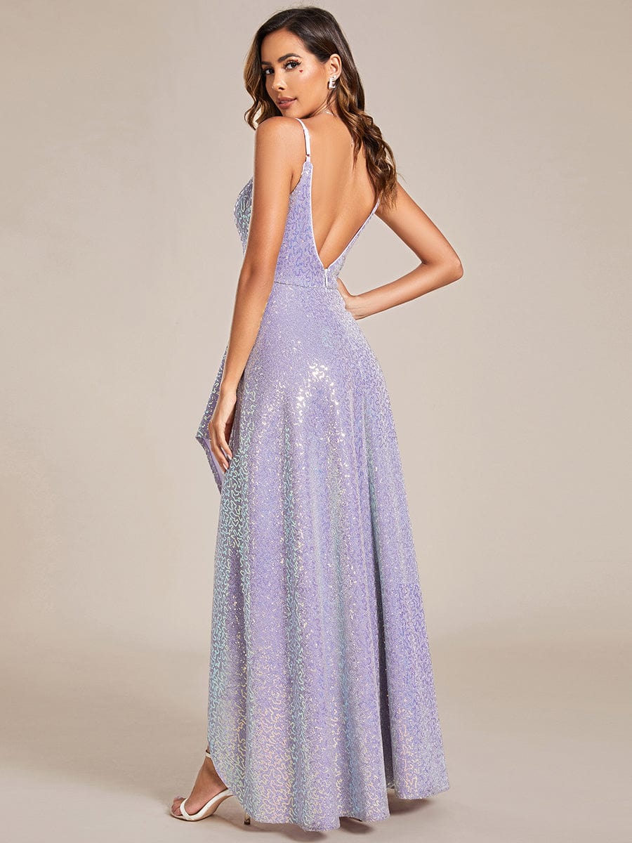 Sparkling Sequin Spaghetti Straps High-Low Backless Evening Dress