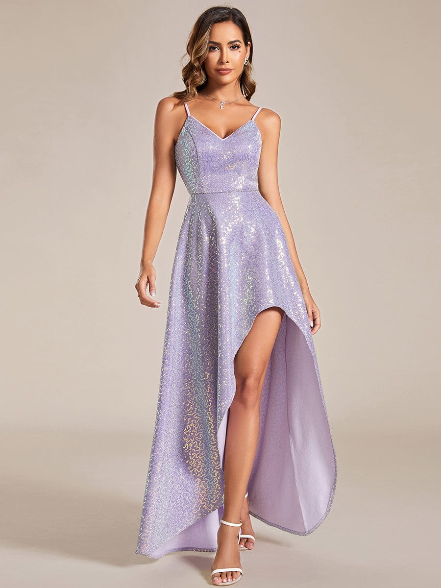 Sparkling Sequin Spaghetti Straps High-Low Backless Evening Dress