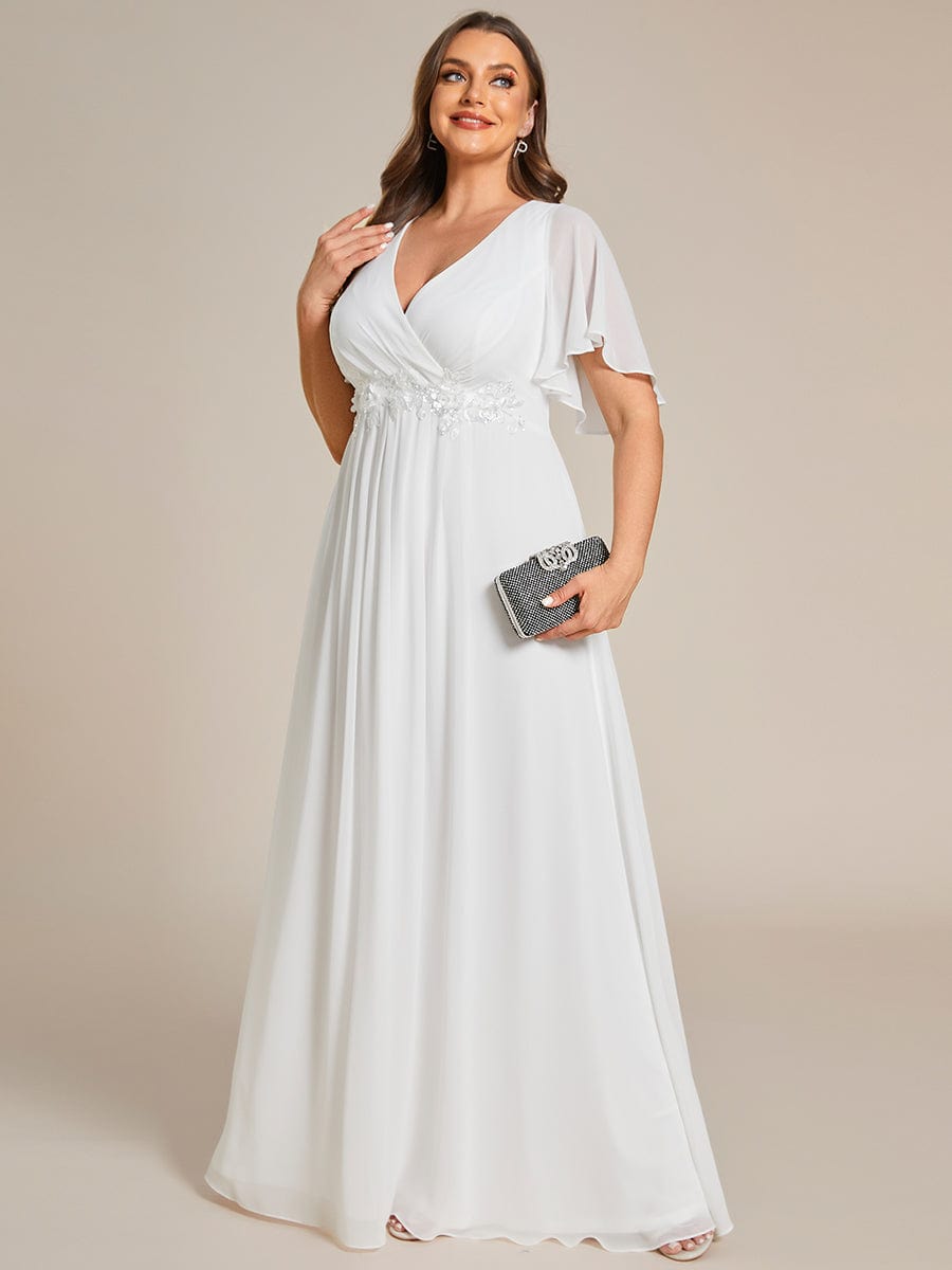 Plus Size Floral Applique Short Sleeve A-Line Chiffon Formal Evening Dress