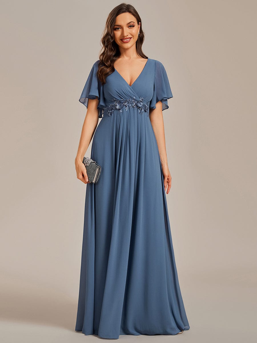 Ruffles Sleeve A-Line Chiffon Waist Applique Maxi Evening Dress #color_Dusty Navy