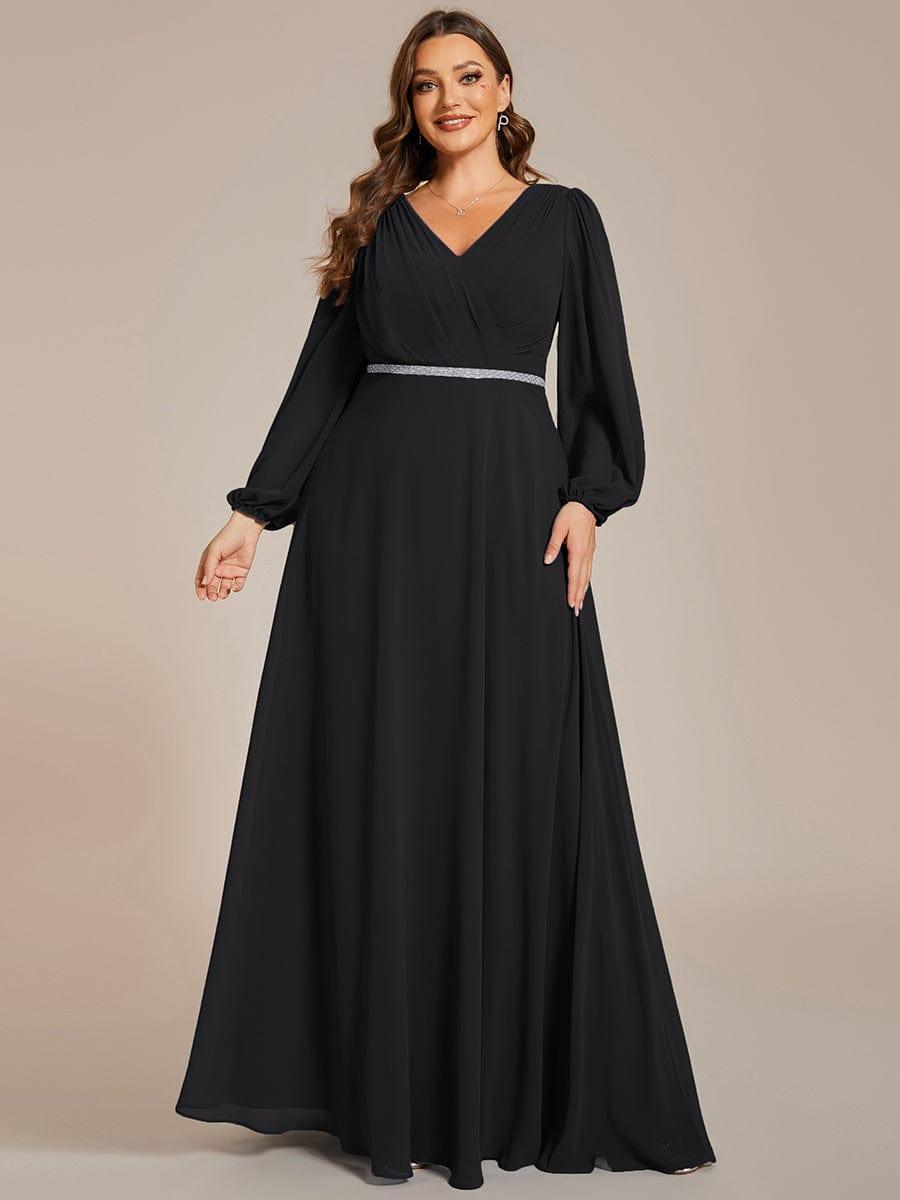 Plus Size A-Line V-Neck See-Through Long Sleeves Shiny Belt Chiffon Evening Dress #color_Black