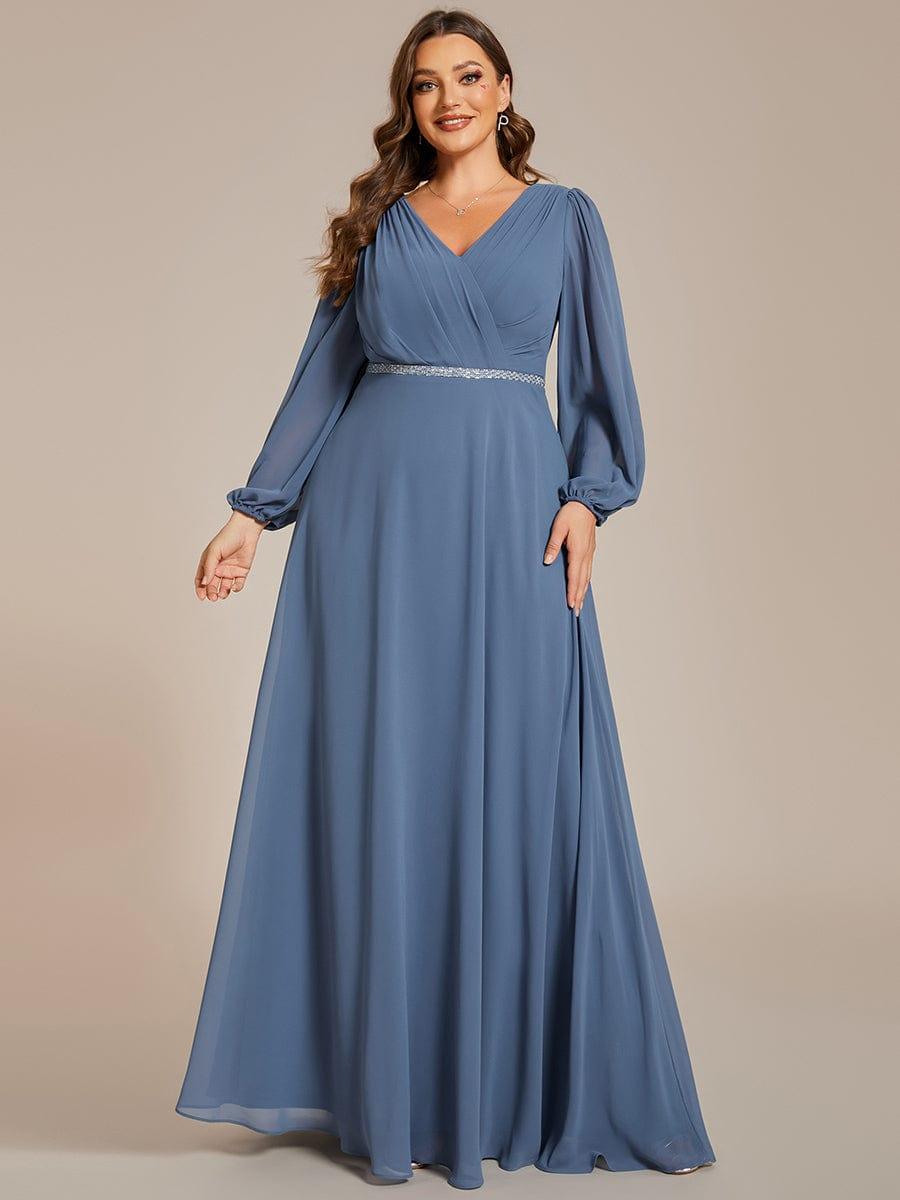 Plus Size A-Line V-Neck See-Through Long Sleeves Shiny Belt Chiffon Evening Dress #color_Dusty Blue