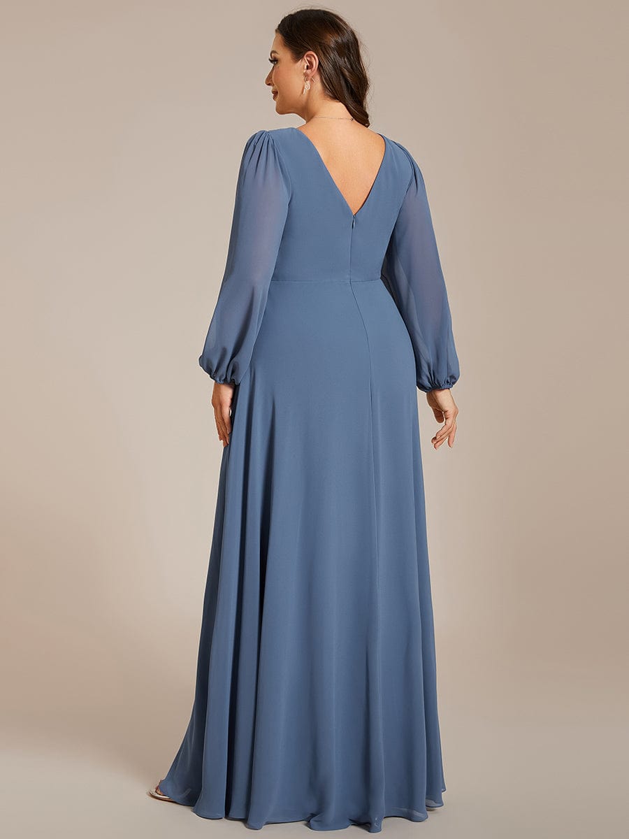 Plus Size A-Line V-Neck See-Through Long Sleeves Shiny Belt Chiffon Evening Dress #color_Dusty Navy