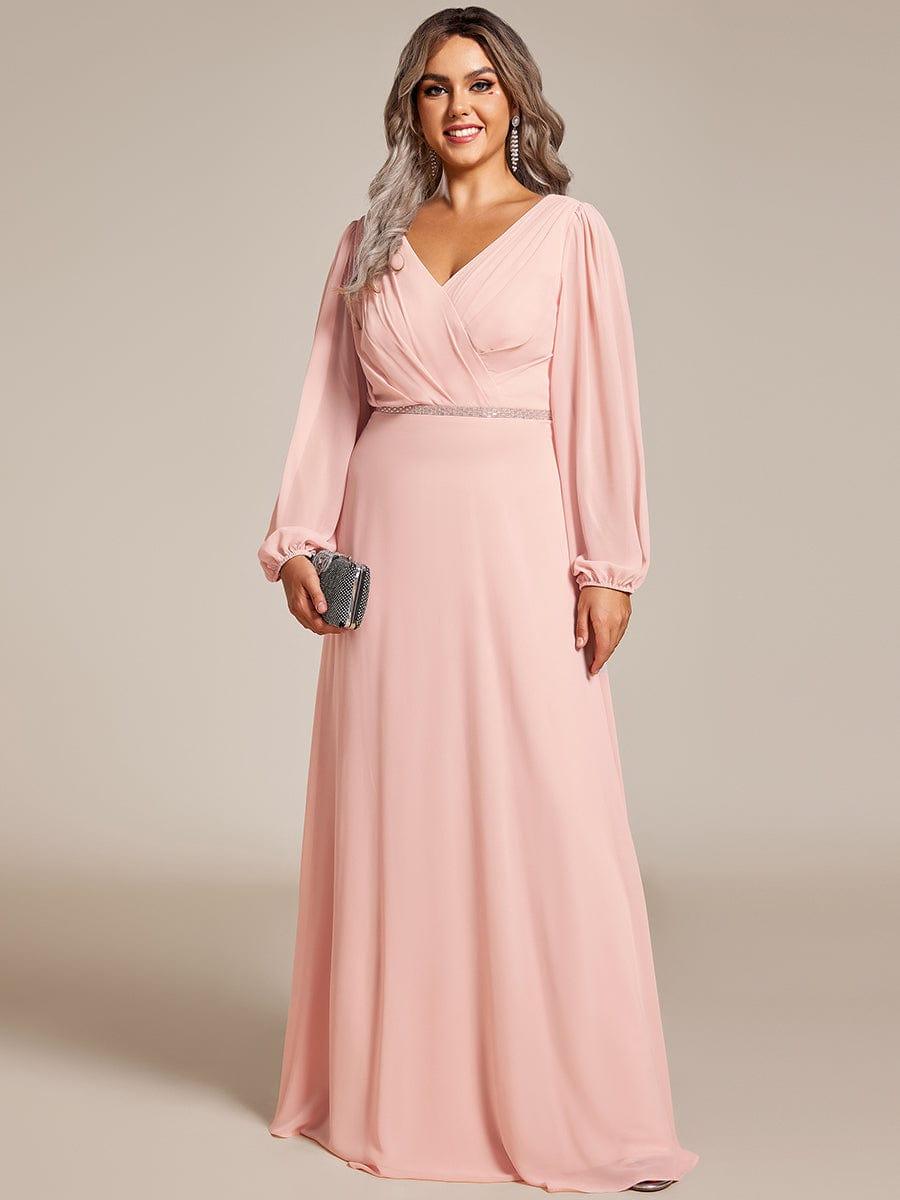 Plus Size A-Line V-Neck See-Through Long Sleeves Shiny Belt Chiffon Evening Dress #color_Pink
