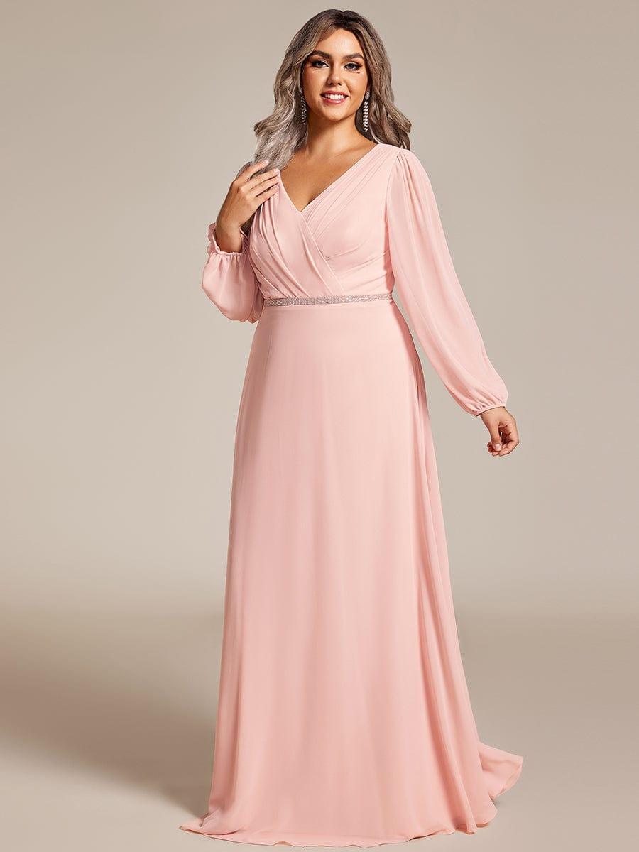 Plus Size A-Line V-Neck See-Through Long Sleeves Shiny Belt Chiffon Evening Dress #color_Pink