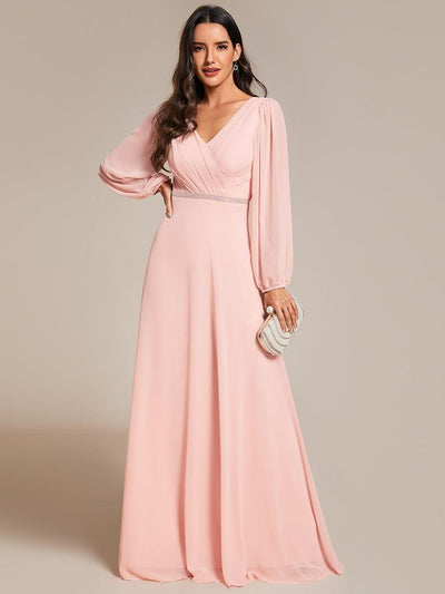 ever ESMÉE|Pleated Double V-Neck Long Sleeves Shiny Belt Chiffon Evening Dress