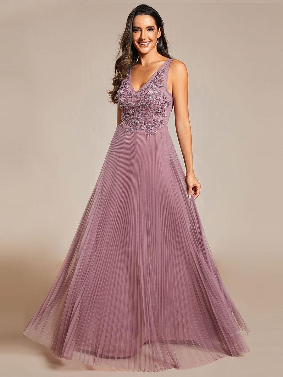 Exquisite Applique Embroidery Bodice Sleeveless A-Line Tulle Evening Dress #color_Purple Orchid