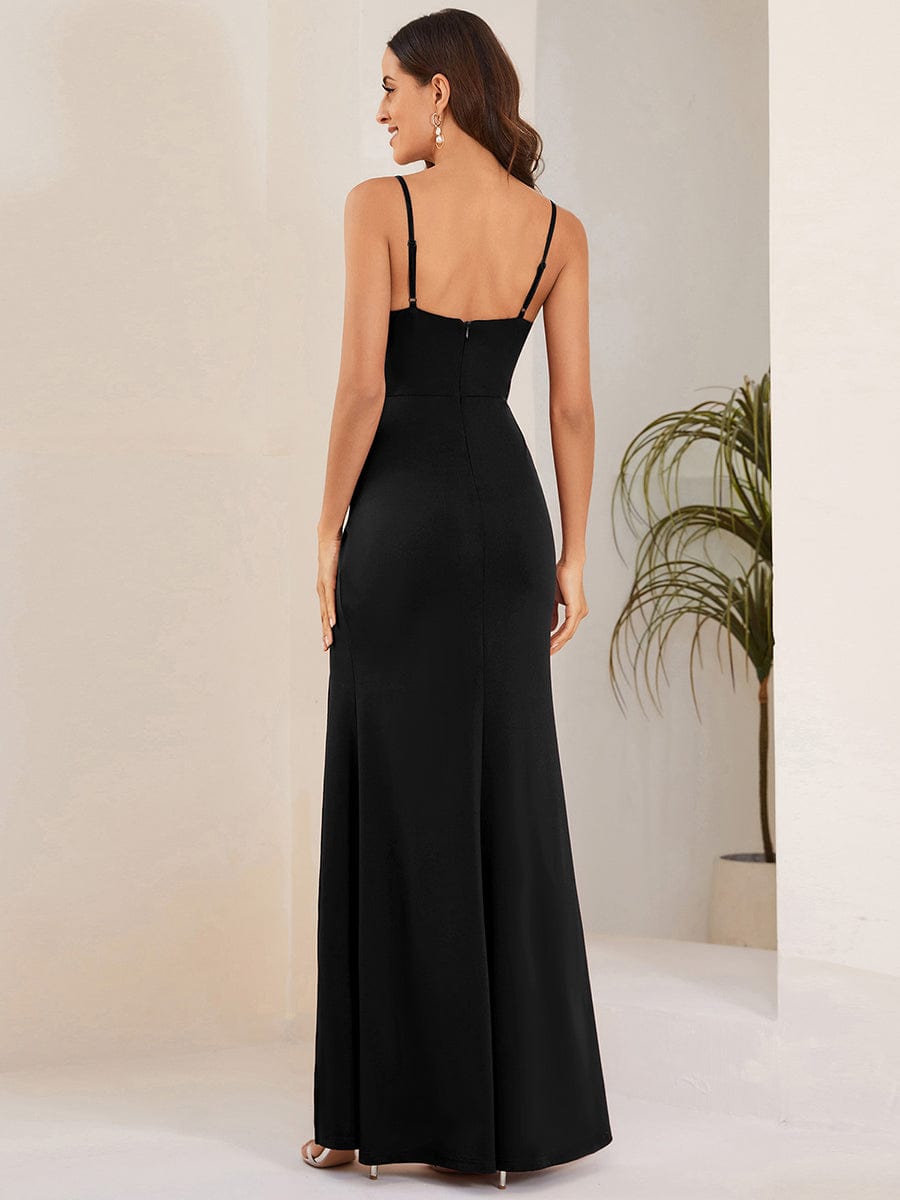 Elegant Pleated Backless High Slit Spaghetti Strap Evening Dress #color_Black Elegant Pleated Backless High Slit Spaghetti Strap Evening Dress
