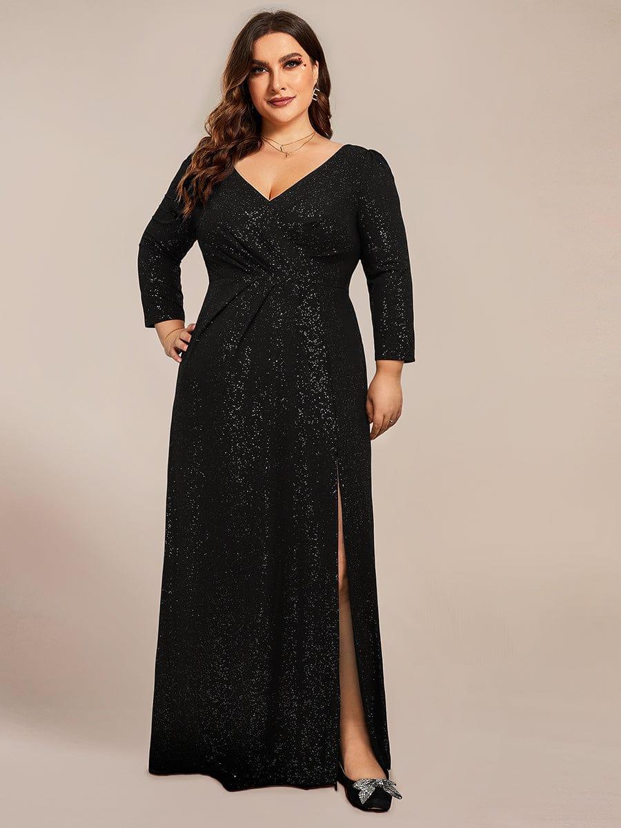 Plus Size Sparkling Long Sleeves Double V-Neck Sequin Evening Dress #color_Black Plus Size Sparkling Long Sleeves Double V-Neck Sequin Evening Dress