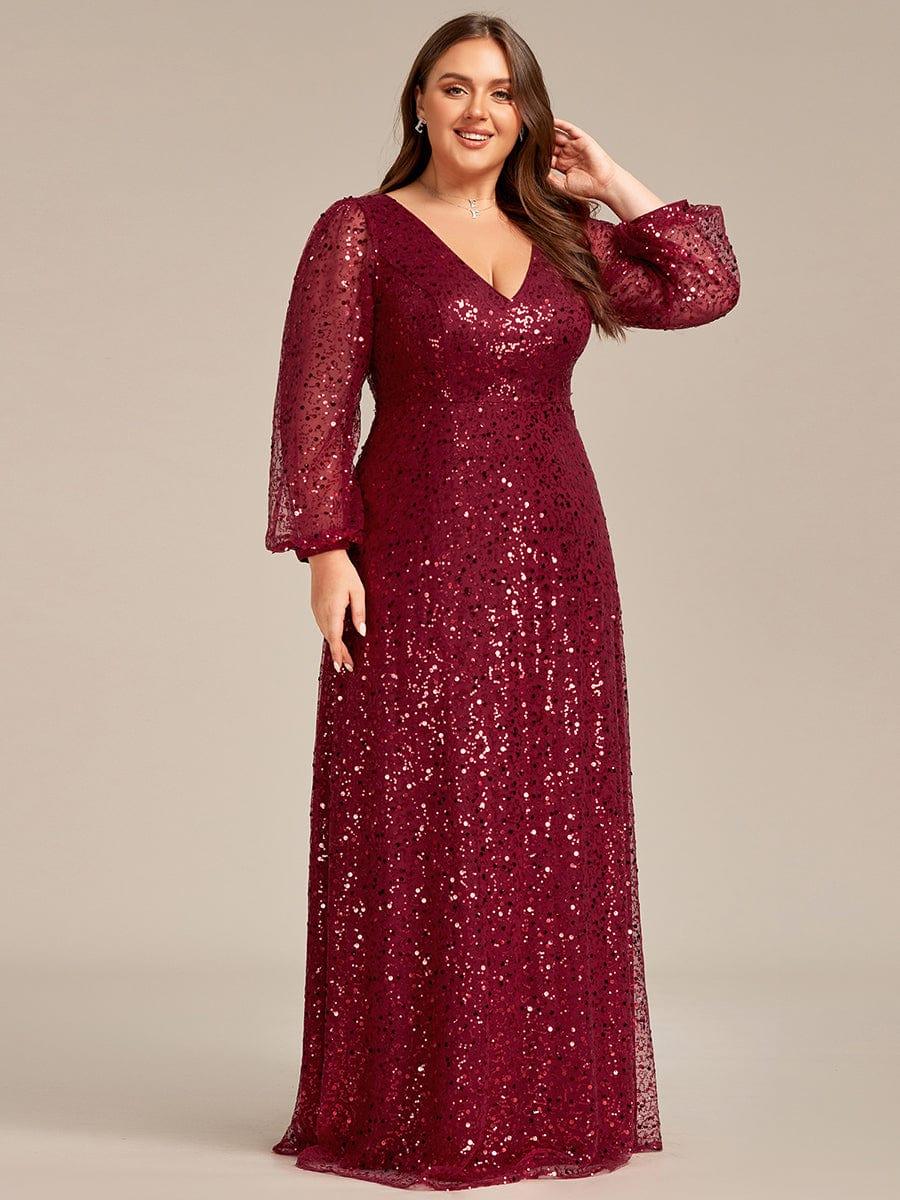Plus Size V-Neck Lantern Long Sleeve Sequin A-Line Evening Dress #color_Black pretty RAYVEN|Plus Size V-Neck Lantern Long Sleeve Sequin A-Line Evening Dress