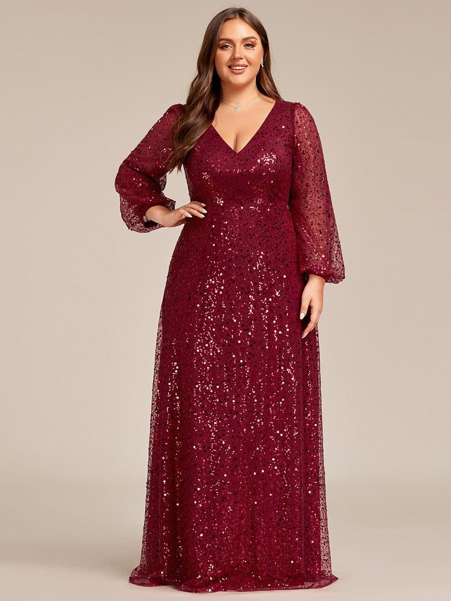 Plus Size V-Neck Lantern Long Sleeve Sequin A-Line Evening Dress #color_Black pretty RAYVEN|Plus Size V-Neck Lantern Long Sleeve Sequin A-Line Evening Dress