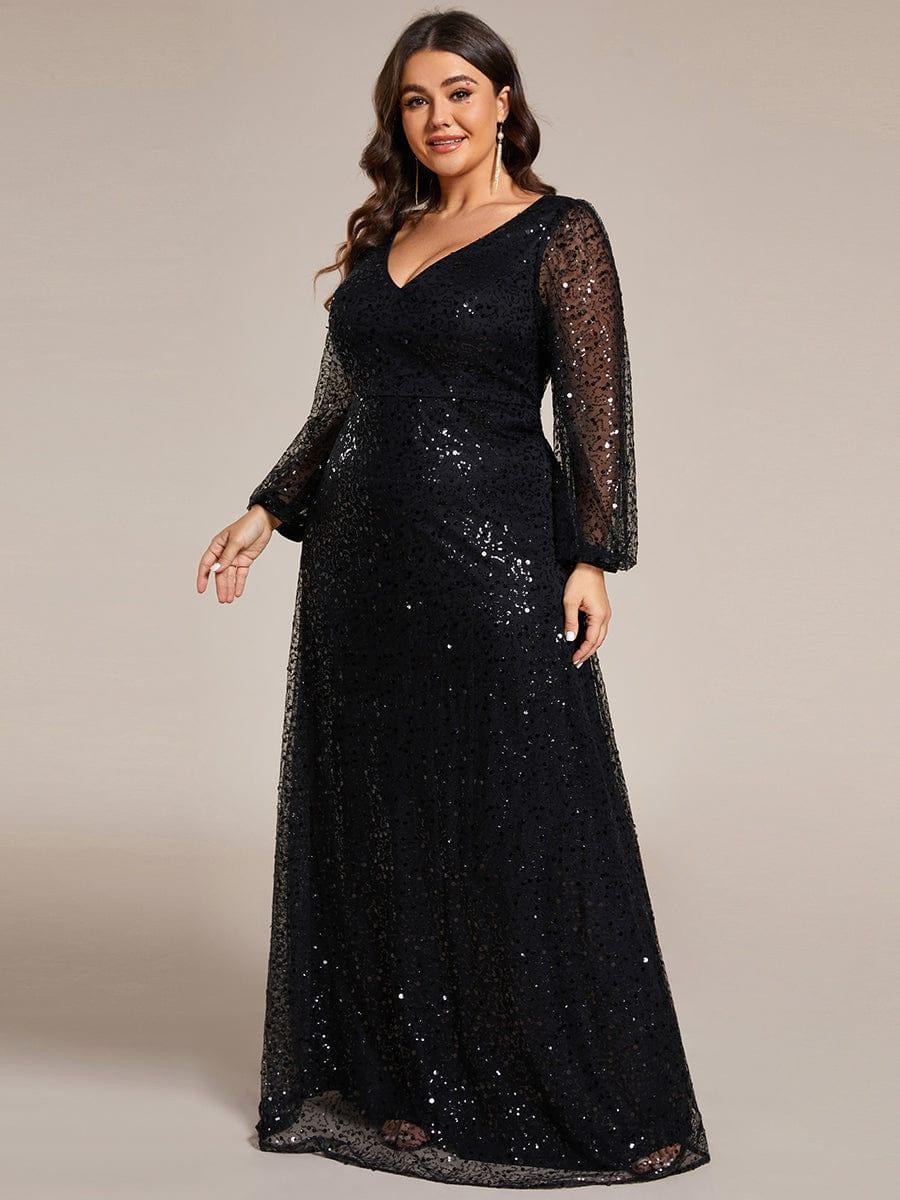 Plus Size V-Neck Lantern Long Sleeve Sequin A-Line Evening Dress #color_Black pretty RAYVEN|Plus Size V-Neck Lantern Long Sleeve Sequin A-Line Evening Dress