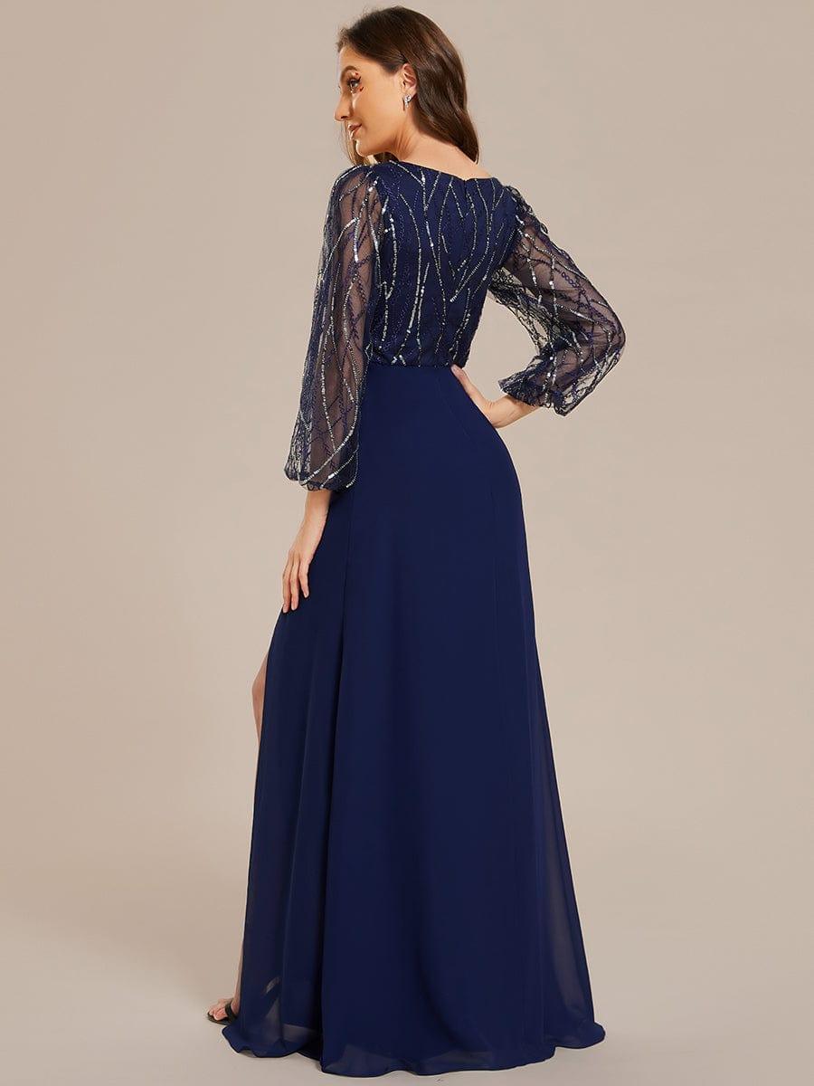 Sequin See-through Long Sleeves High Slit Chiffon A-Line Evening Dress #color_Navy Blue Sequin See-through Long Sleeves High Slit Chiffon A-Line Evening Dress