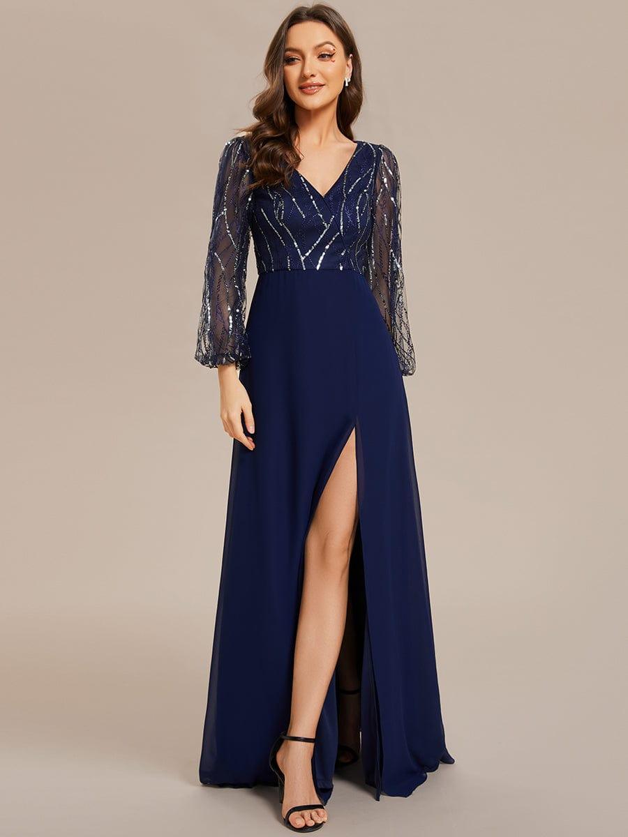 Sequin See-through Long Sleeves High Slit Chiffon A-Line Evening Dress #color_Navy Blue Sequin See-through Long Sleeves High Slit Chiffon A-Line Evening Dress