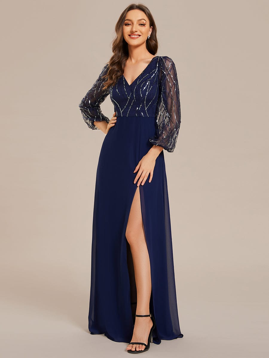 Sequin See-through Long Sleeves High Slit Chiffon A-Line Evening Dress #color_Navy Blue