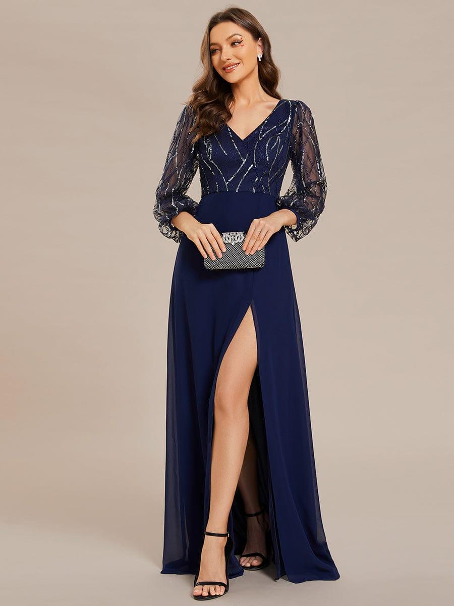 Sequin See-through Long Sleeves High Slit Chiffon A-Line Evening Dress #color_Navy Blue Sequin See-through Long Sleeves High Slit Chiffon A-Line Evening Dress